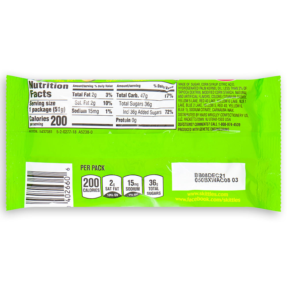 Skittles Sour Candies 1.8oz back Ingredients