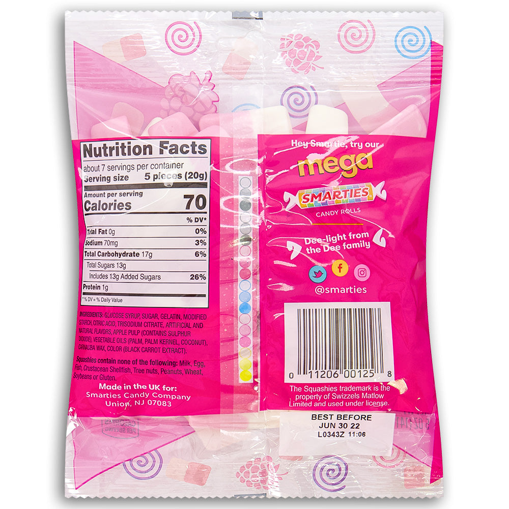 Smarties Squashies Raspberry and Cream Flavour 5oz Back Ingredients