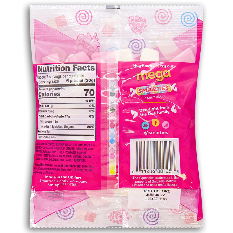 Smarties Squashies Raspberry and Cream Flavour 5oz Back Ingredients