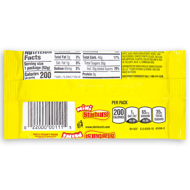 Starburst Minis Original Candy 52g Back Ingredients