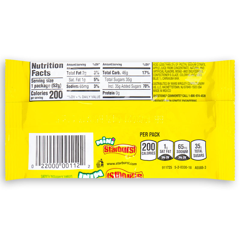 Starburst Mini Sours Candy 52g Back Ingredients