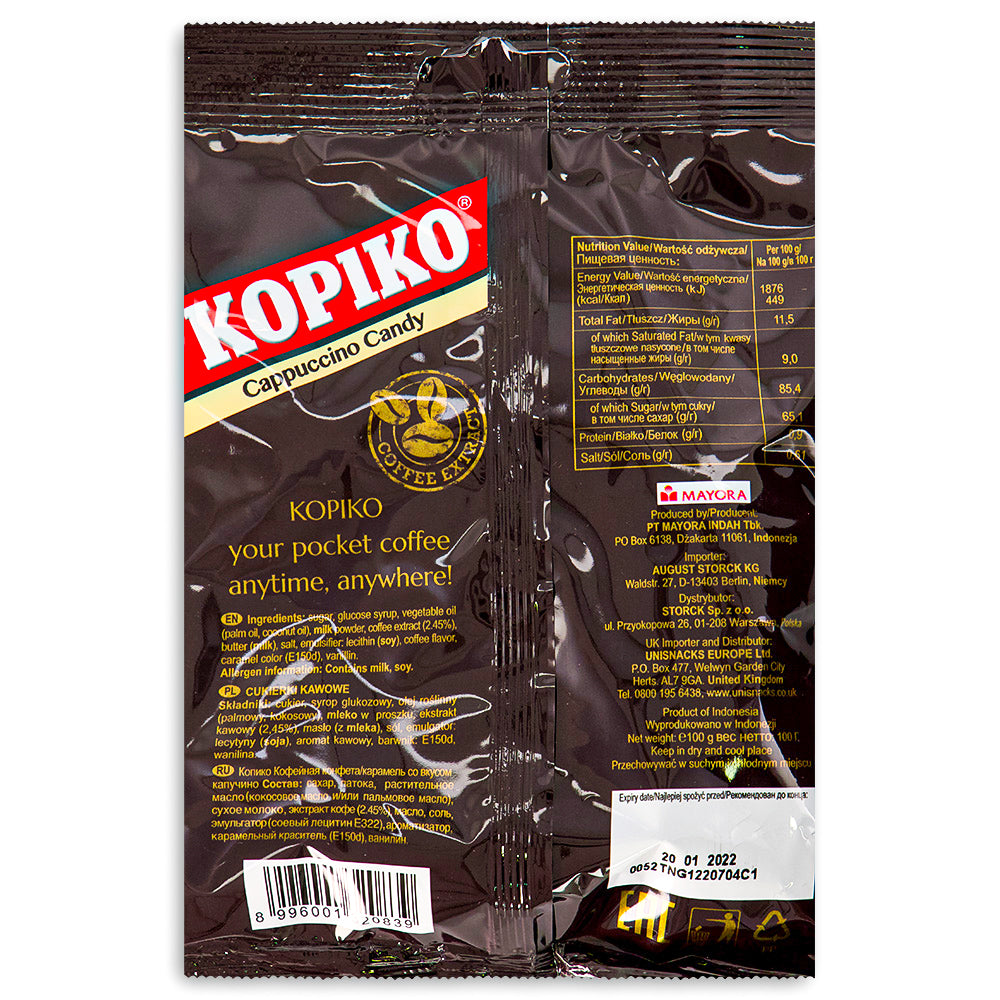 Kopiko Cappuccino Candy 100g Back Ingredients