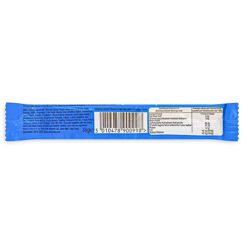Swizzels Refreshers Lemon Chew Bar UK 18g Back Ingredients