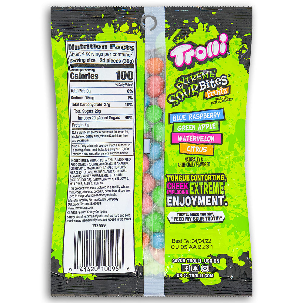 Trolli Extreme Sour Bites Fruitz candy 4oz Back Ingredients