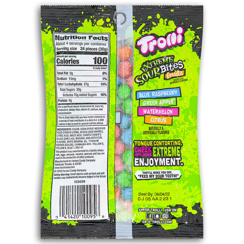 Trolli Extreme Sour Bites Fruitz candy 4oz Back Ingredients