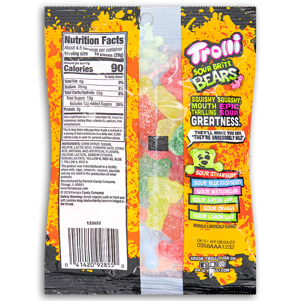 Trolli Sour Brite Bears Gummy Candy 133g Back Ingredients