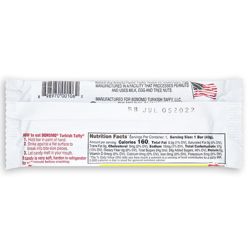 Bonomo Turkish Banana Taffy 43g Back Ingredients