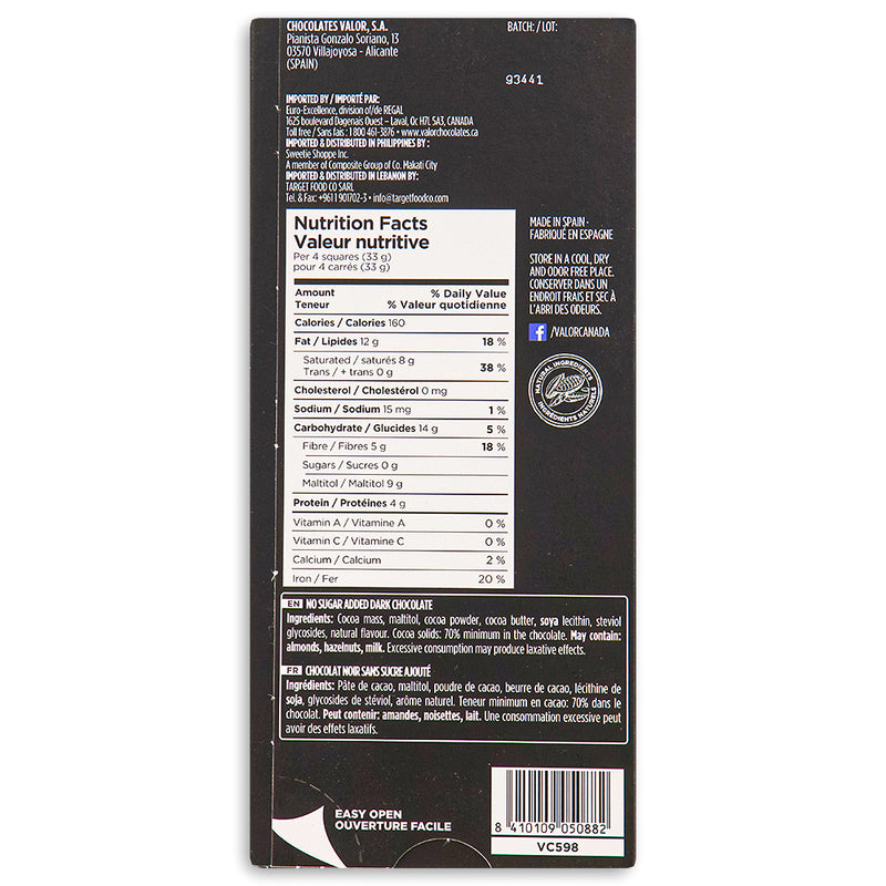Valor 70% Cacao Intense Dark Sugar Free 100 g Back