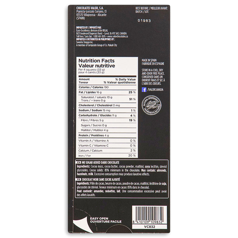 Valor 85% Dark Chocolate Sugar Free 100 g Back