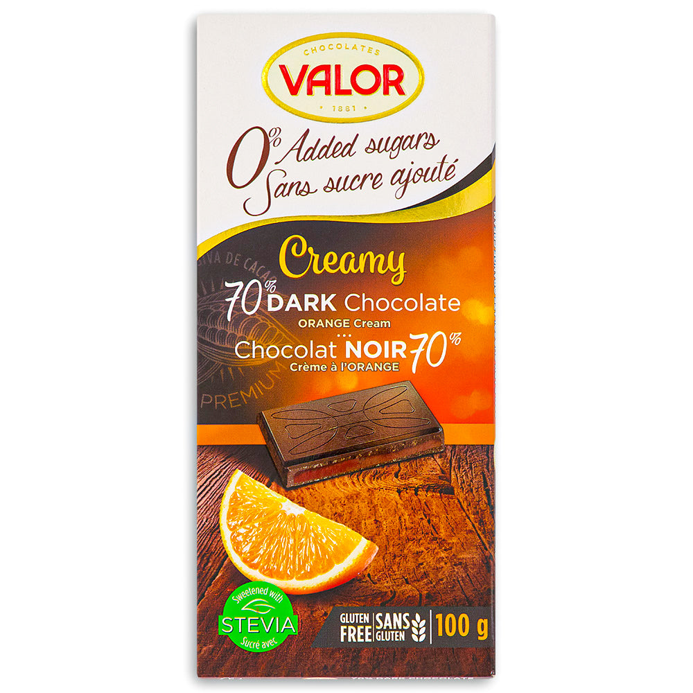 Valor Creamy Dark Chocolate Orange Cream Sugar Free 100 g Front