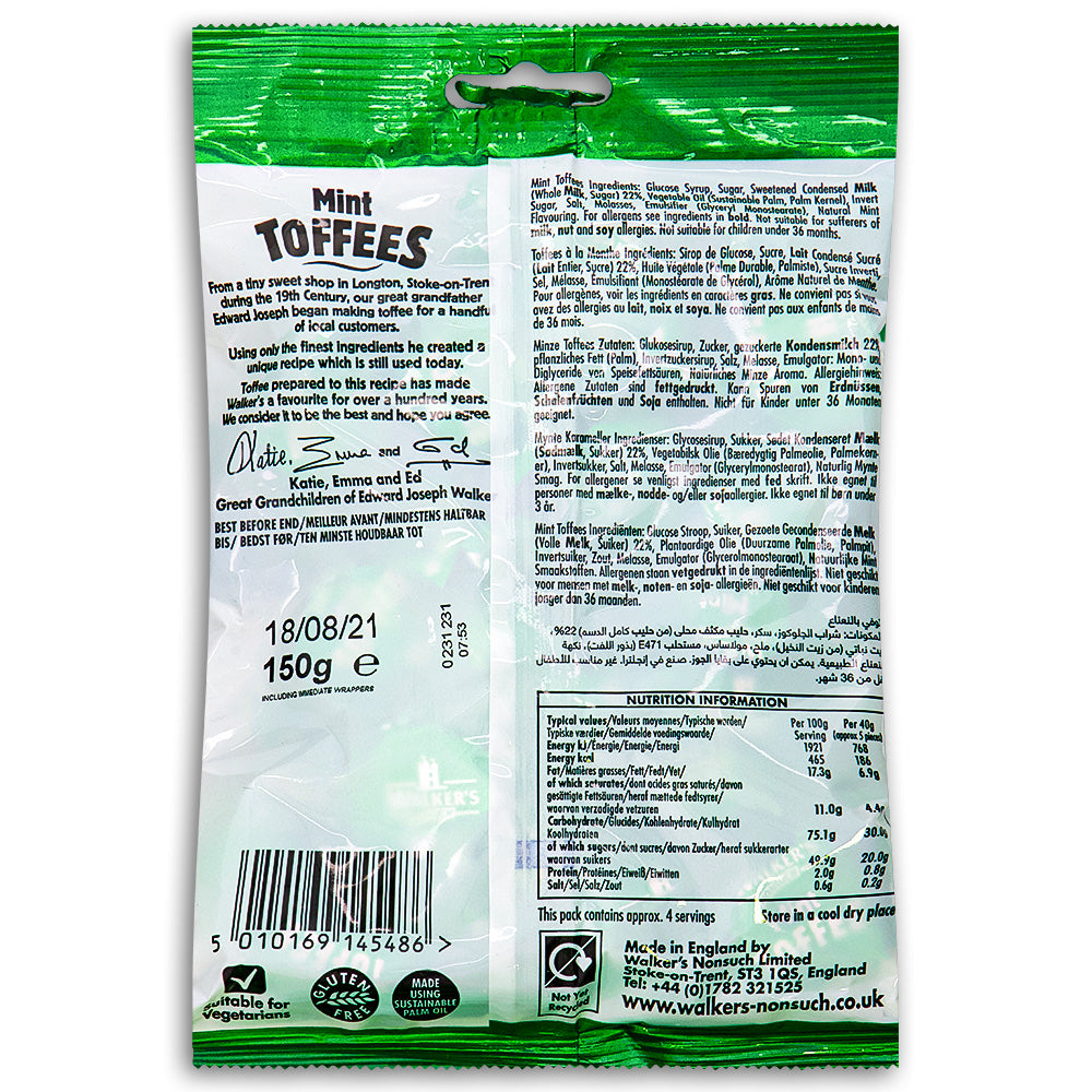 Walker's Mint Toffees UK Back Ingredients