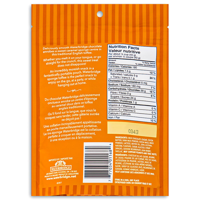 Waterbridge Just Toffee Milk Chocolate Sponge Toffee 200g Back Ingredients British Candy