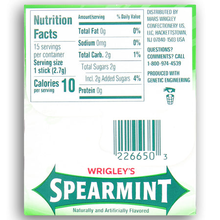 Wrigley's Spearmint Gum 15 sticks Back Ingredients