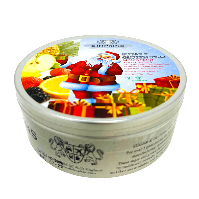 Simpkins Sugar Free Mixed Fruit Travel Sweets Festive Tin Side View  - 175g - - Gluten Free - Gluten Free Candy - Sugar Free - Sugar Free Candy - Simpkins - Simpkins Candy