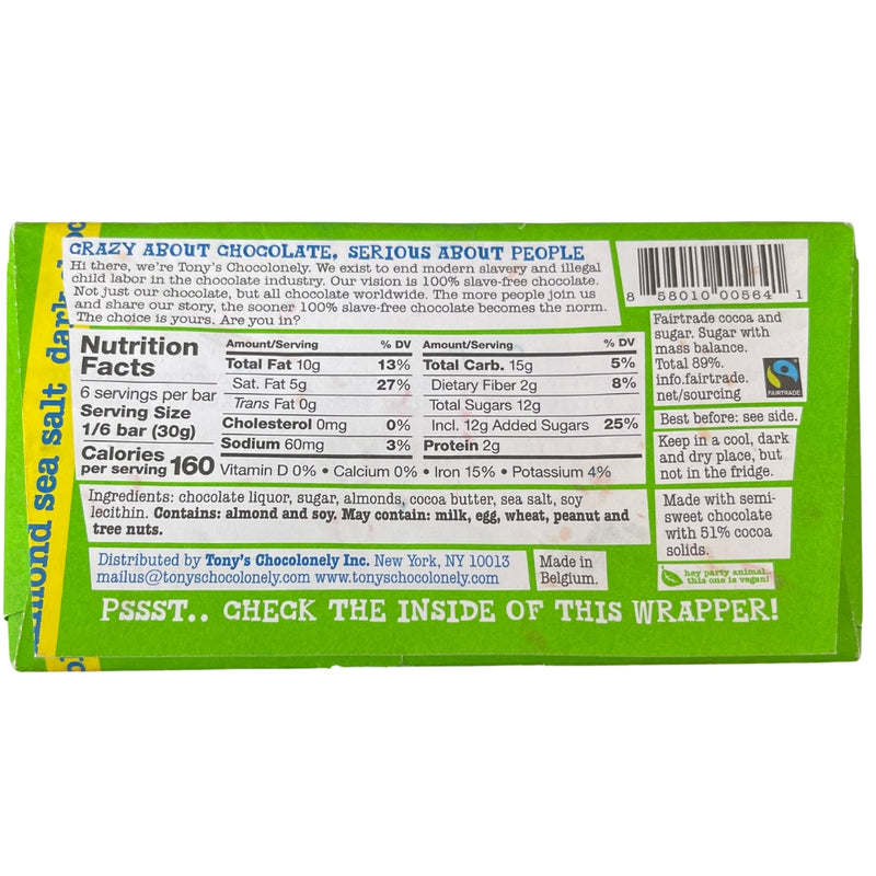 Tony's Chocolonely Dark Chocolate Almond Sea Salt - 180g Backside