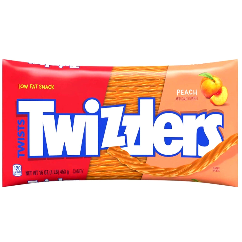 Twizzlers Peach - Peach flavoured candy - Chewy peach candy - Fruit-flavoured twists - Juicy peach candy - Peach candy sticks - Peach candy twists - Summer candy - Fruity candy - On-the-go snacks