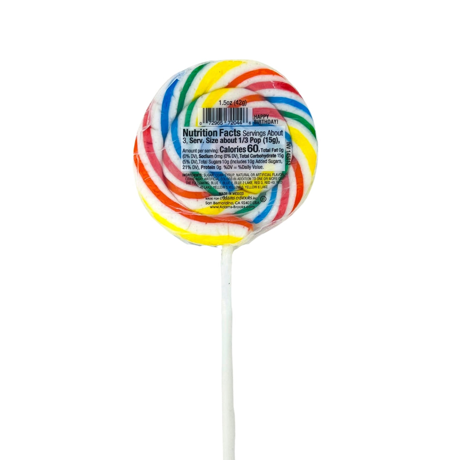 Adams & Brooks Whirly Pop Happy Birthday - 1.5oz - Nutrition Facts - Ingredients - Lollipop