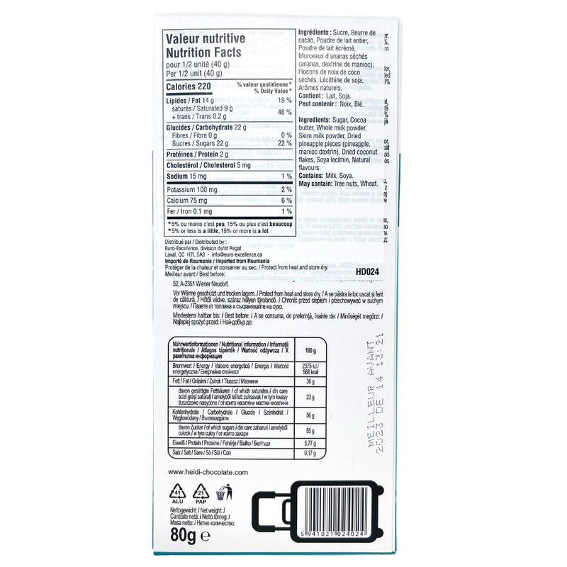 Heidi White Chocolate with Pineapple and Coconut - 80g - Nutrition Facts - Ingredients - Swiss Chocolate