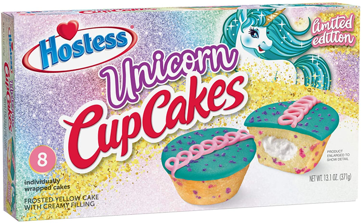 Hostess Unicorn CupCakes - 371g  Limited Edition  retro old fashioned snacks new flavour yellow cake cream filling Twinkies unicorn party theme kids children's snacks 