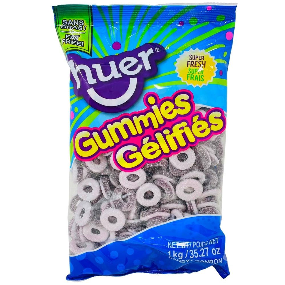 Huer Grape Rings Gummies - 1kg - Huer Grape Sour Rings Gummies - Sour grape gummies - Chewy grape candies - Tangy fruit snacks - Juicy grape flavour - Sweet and sour gummies - Fruit-flavoured candy rings - Irresistible sour treats - Snack-sized indulgence - Grape candy delights