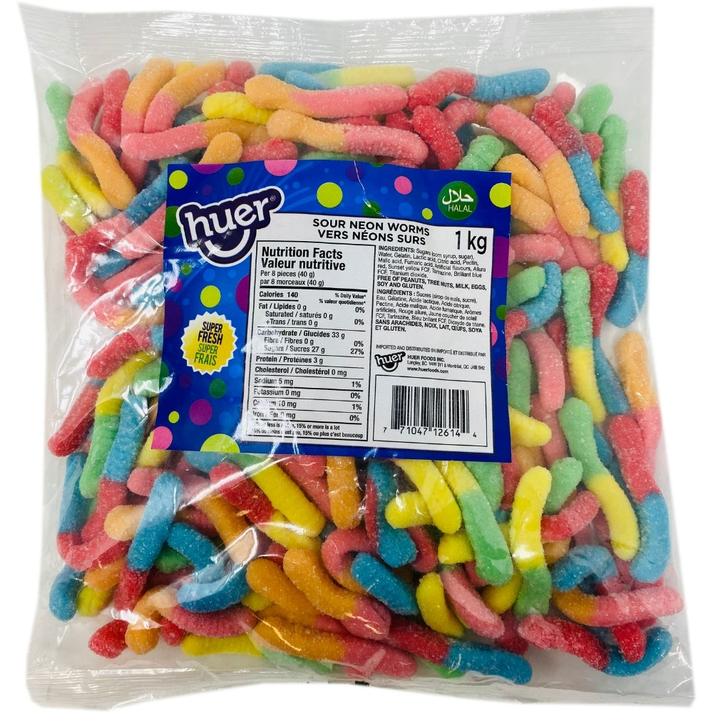 Huer Sour Neon Worms Halal Candy- 1kg Bulk Candy