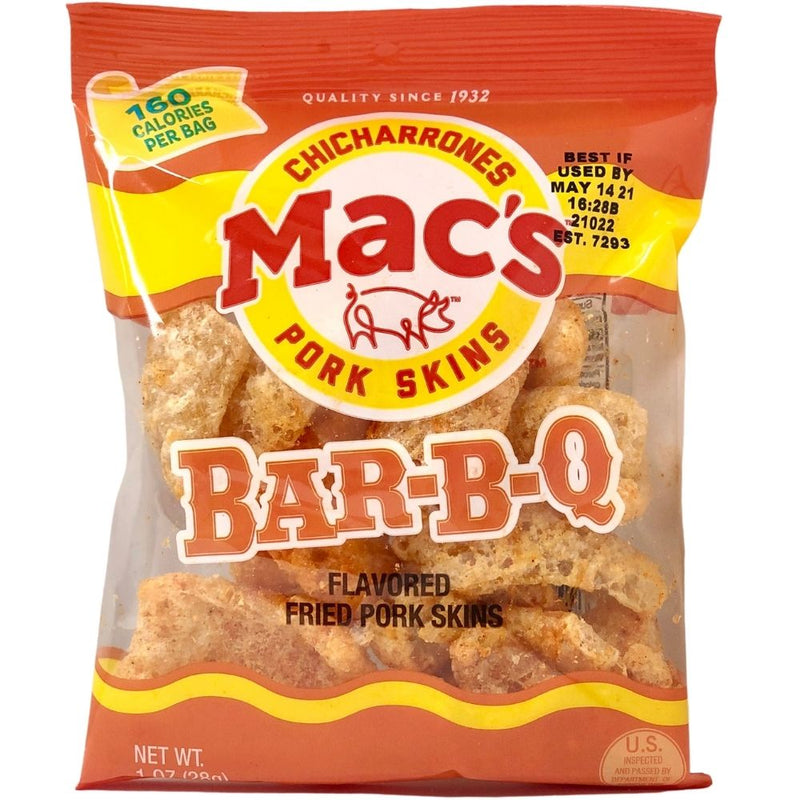 Crunchy Pork Rinds Specialty Spanish Snack  Mac's Pork Skins Bar-B-Q - 1oz barbecue flavoured chicharrones chicharrons