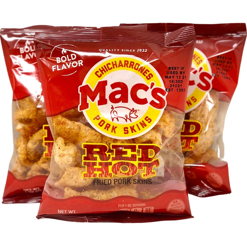 Mac's Pork Skins Red Hot - 1oz chicharrones chips spanish spicy hot chicharrons snacks