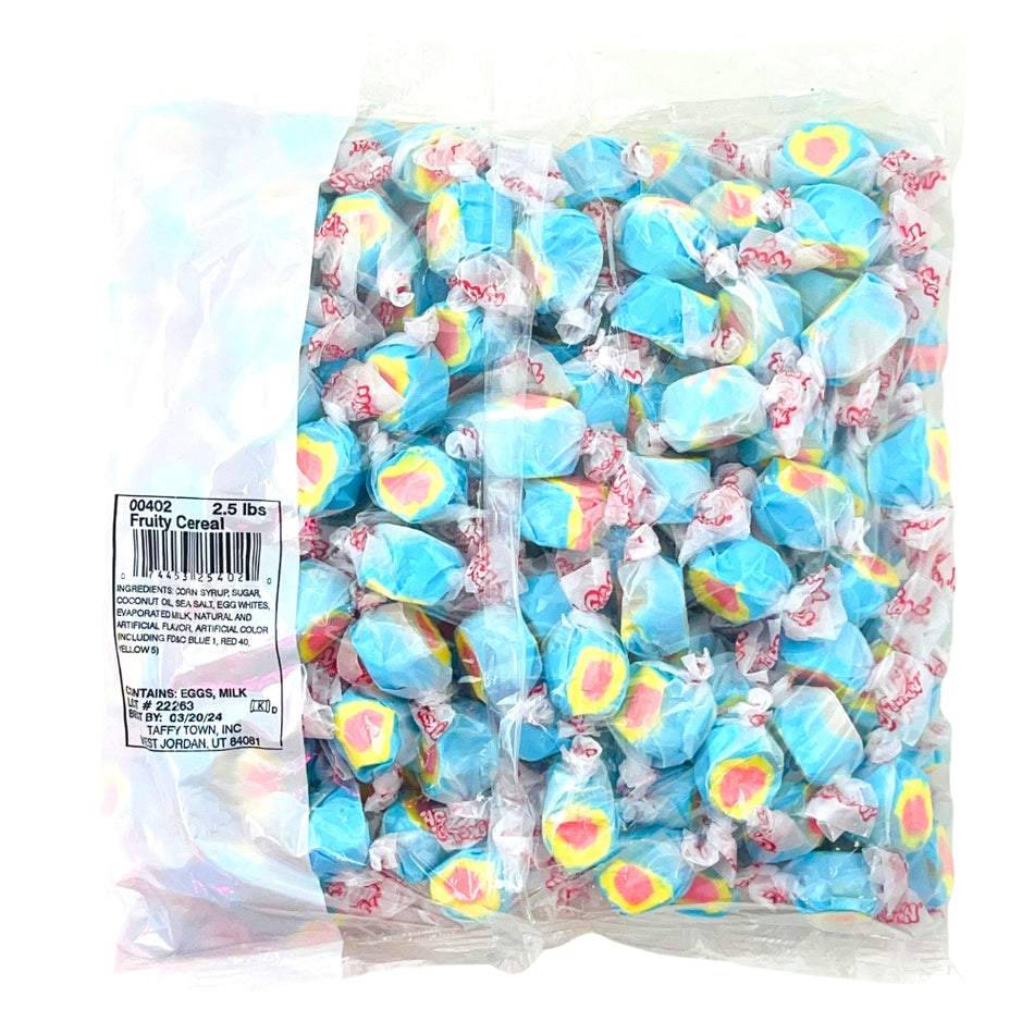 Salt Water Taffy - Fruity Cereal - 2.5lb - Fruity Cereal Salt Water Taffy - Chewy taffy candy - Colourful taffy assortment - Breakfast-inspired candy - Sweet and fruity taffy - Bulk salt water taffy - Nostalgic candy flavours - Unique taffy experience - Beach-themed candy - Best taffy for candy lovers - Taffy Town - Taffy Town Taffy - Classic Taffy - Taffy Candy - Taffy