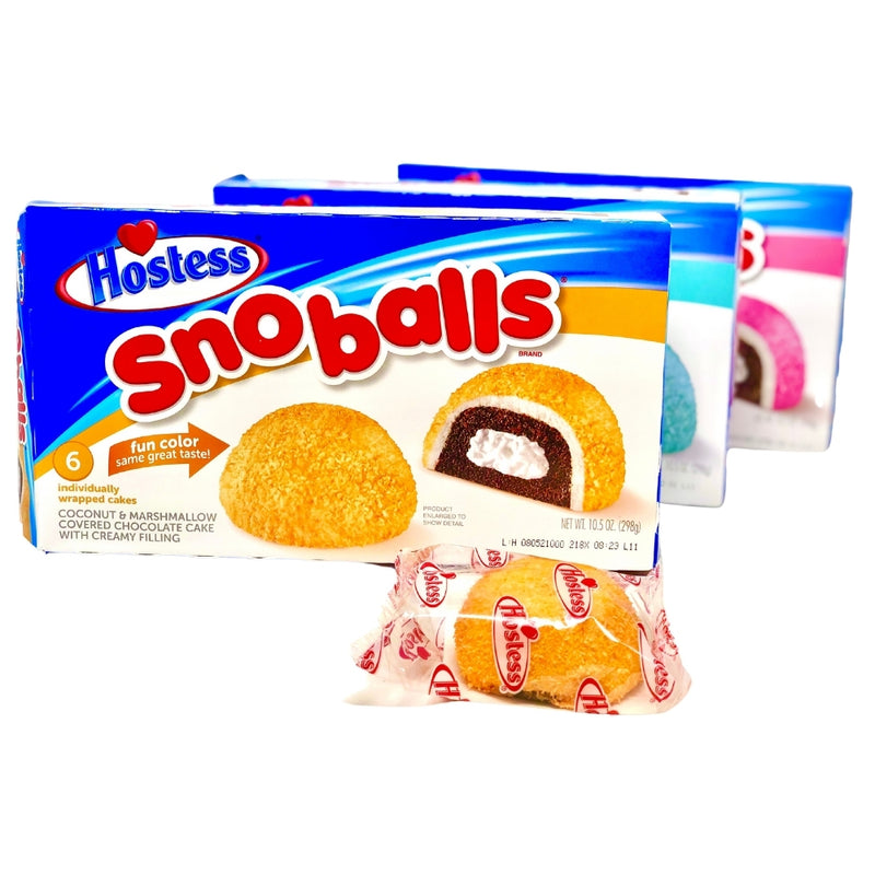 Hostess Snoballs-6 Pack orange pink blue snowballs cakes individual cake coconut chocolate  10.5oz 298g box box American snacks USA canada ingredients backside nutrition label barcode box