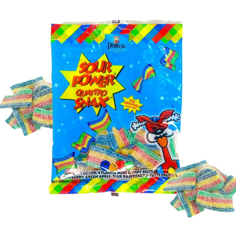 Sour Power Quattro Snax  - 4oz rainbow belts candy mini  original American candies