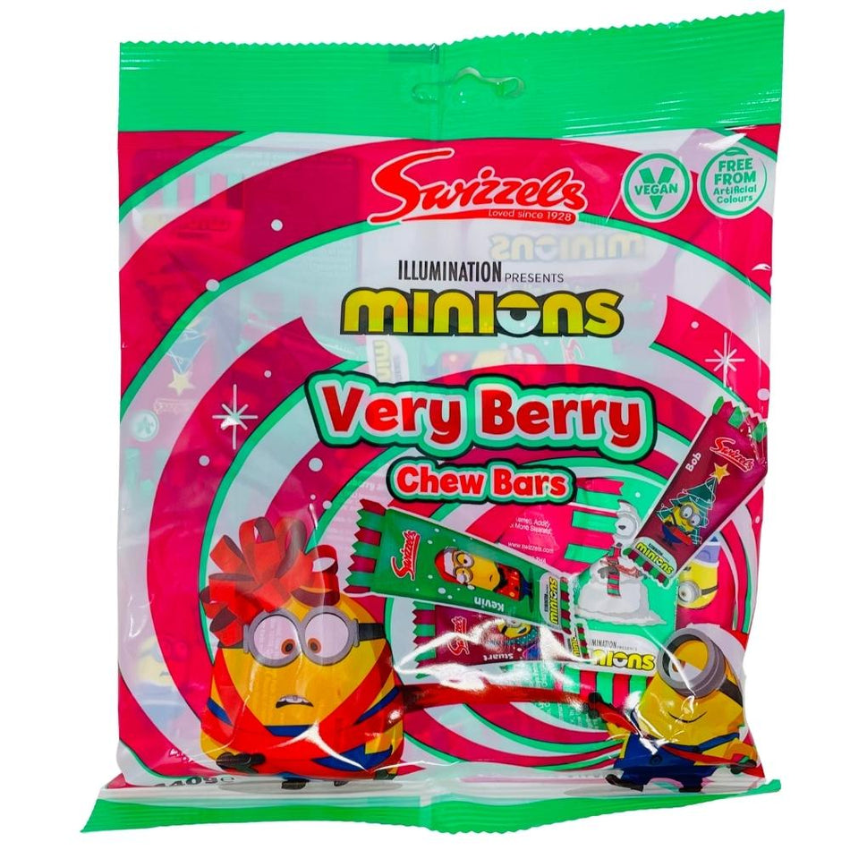 Swizzels Minions Very Berry Chew Bars - 140g - Swizzels Minions - Very Berry Chew Bars - Minions-themed candy - Fruity chewy bars - Minions party treats - Fun and flavourful snacks - Individually wrapped candies - Minions movie merchandise - Berry-flavoured sweets - On-the-go snacking