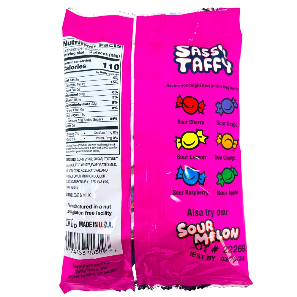 Taffy Town Sassy Taffy - 4.5oz - Nutrition Facts - Saltwater Taffy - Taffy - Taffy Candy - Sour Candy - Old Fashioned Candy