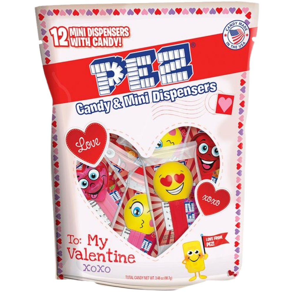 mini Pez Valentine Party Bag 12ct - 14oz valentines candies candy America usa canada  heart eyes emoji 